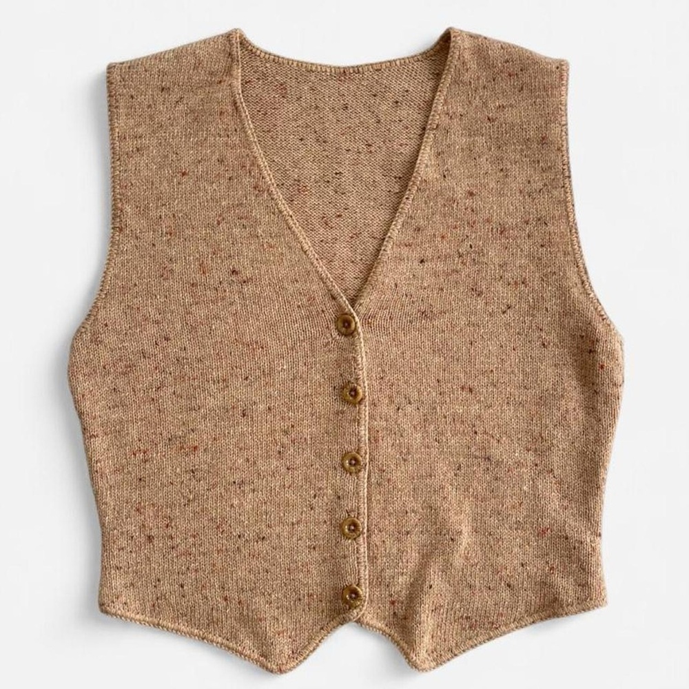 Vintage Sweater & Vest Set Tan Tone Brown Orange Green Checkered Wool Knit 2pc. - Picture 5 of 8